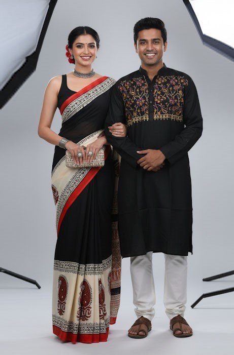 কাপল ড্রেস কালেকশন চান্দুরি সিল্ক শাড়ি ও ধুপিয়ান পাঞ্জাবি